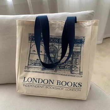 Женская холщовая сумка через плечо с принтом London Books, женская повседневная сумка-тоут, многоразовая хлопковая пляжная сумка для покупок большой емкости