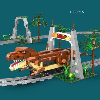 Технический строительный блок Tyrannosaurus Rex с батарейным питанием, электрический динозавр, рельсовый путь, кирпич, Паровая обучающая игрушка, стержень, головка поезда