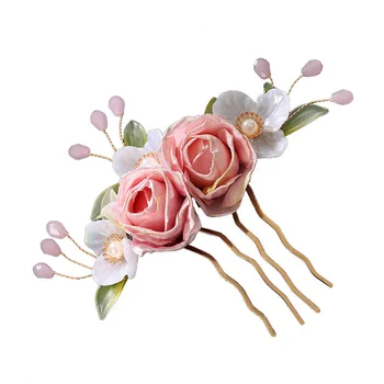 Элегантный набор заколок с розовым цветком, 4 зубца, Розовая заколка с цветком из ткани и ракушки для свадебной расчески Подружки невесты FS99